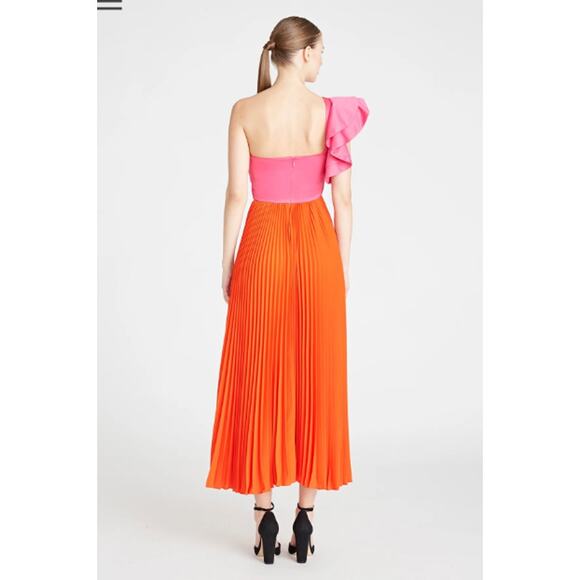 AMUR Dress 12 Cleopatra Pleated Maxi One Shoulder Ruffle Pink Orange Formal Gown - Picture 4 of 16